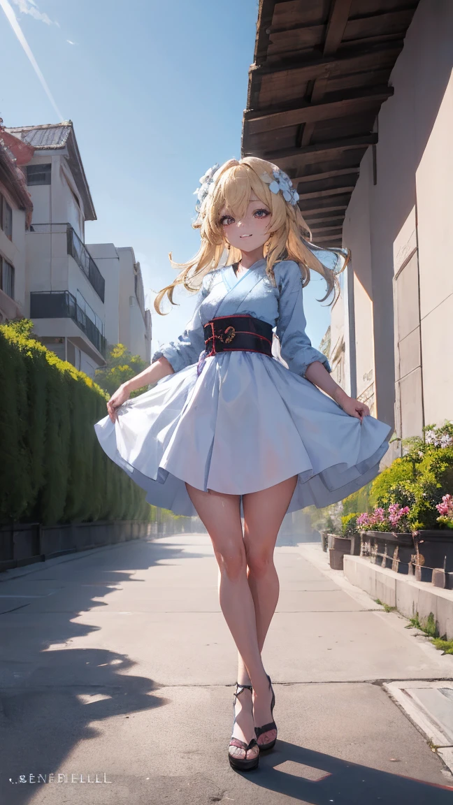 Luz | impacto genshin, obra maestra, mejor calidad, 1 chicas,25 years, proporcional body, proporcional., pelo largo, usar hanbok, pechos medianos, ,bara, gargantilla, Standing in the middle of a flower garden, exterior, el cielo es hermoso, arm behind the back, contra la pared, Ver a los espectadores desde el frente., correa del muslo, nod, aburrido, 10, 10, High Definition, leve sonrisa,