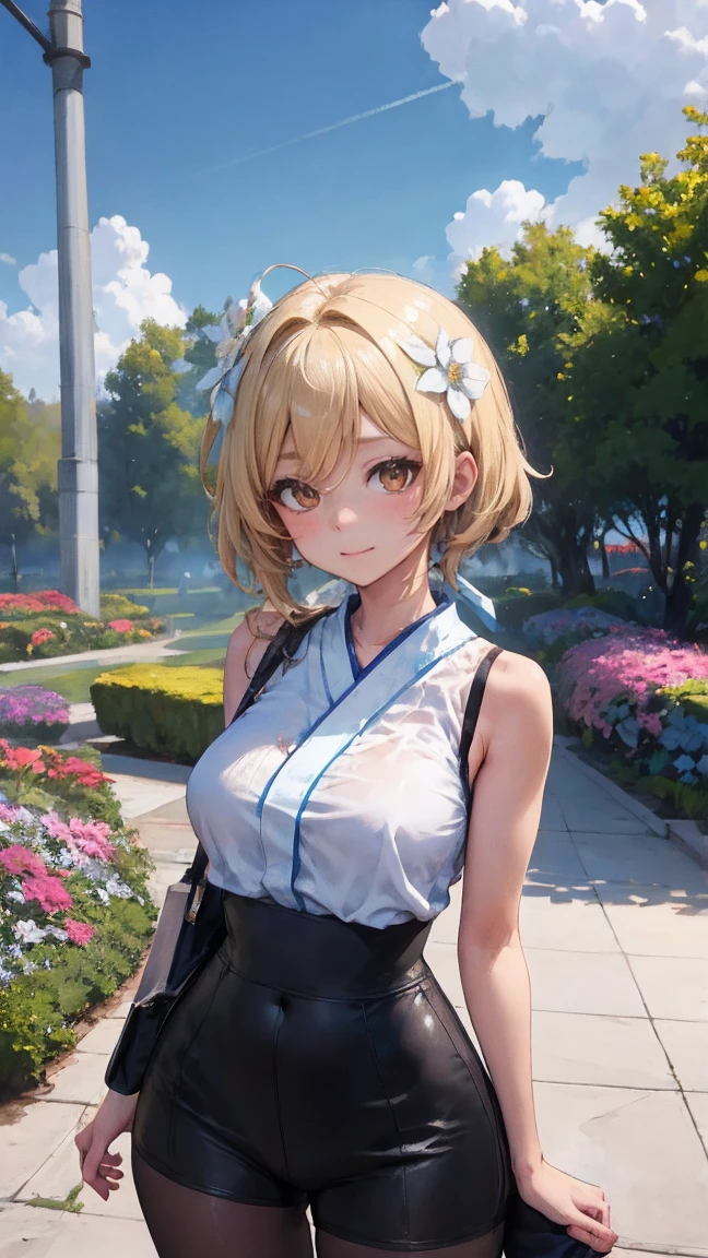 Luz | impacto genshin, obra maestra, mejor calidad, 1 chicas,25 years, proporcional body, proporcional., pelo largo, usar hanbok, pechos medianos, ,bara, gargantilla, Standing in the middle of a flower garden, exterior, el cielo es hermoso, arm behind the back, contra la pared, Ver a los espectadores desde el frente., correa del muslo, nod, aburrido, 10, 10, High Definition, leve sonrisa,