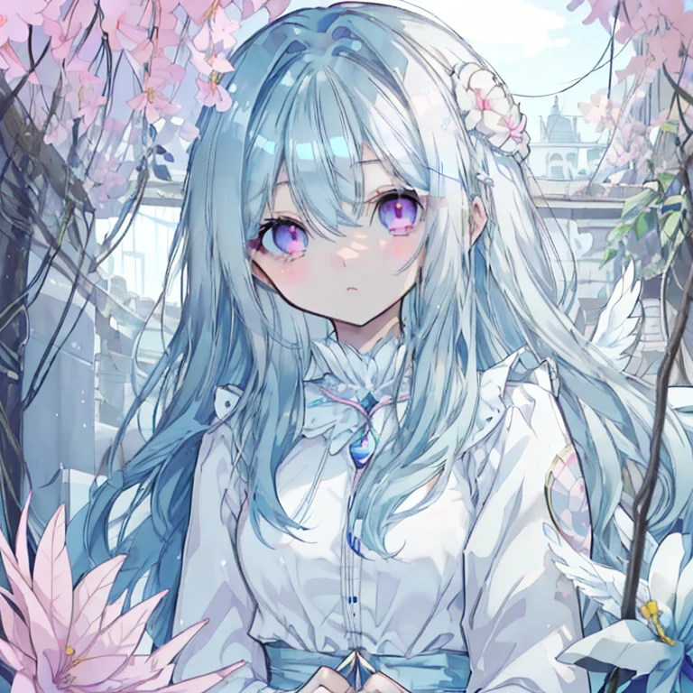Light blue hair,Long Hair,Curly Hair,Angel,Big feather,Pink Eyes,Round eyes,cute,Blooming flowers,gem,gorgeous