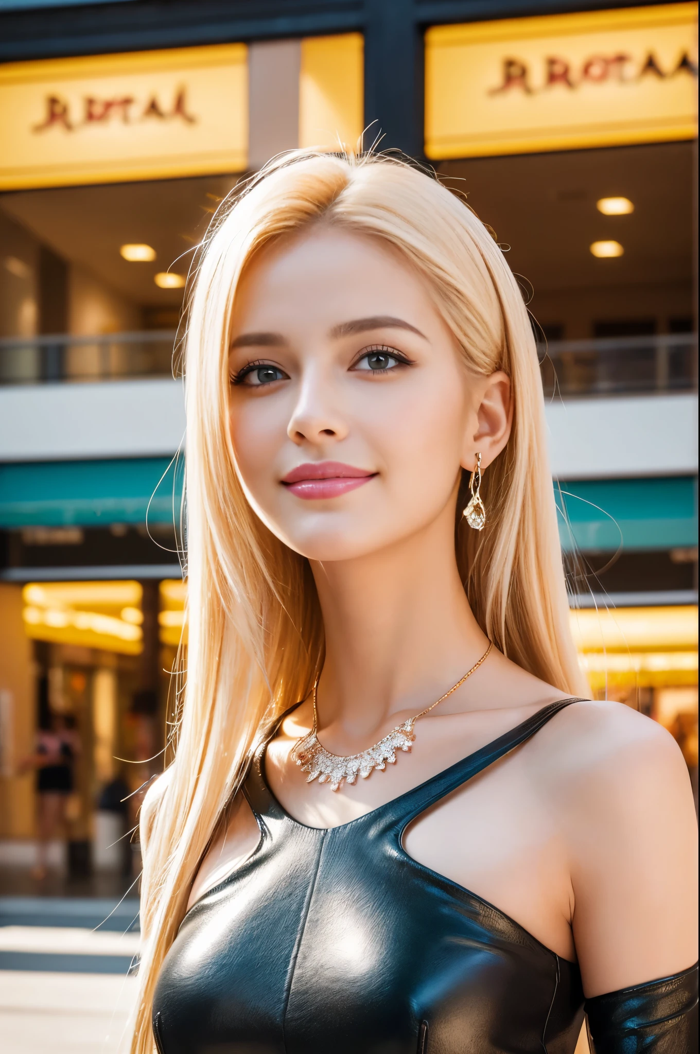 (best quality, 4k ,8k, highres, masterpiece:1.2), ultra-detailed, (realistic, photorealistic, photo-realistic:1.37), closeup, beautiful Swedish woman, beautiful smile, long lashes, defined eyebrows, platinum blonde hair, fair skin, slender figure, elegant posture, wearing large sparkling colorful jewelery, wearing a business style black leather dress, standing in a large shopping mall, gentle sunlight shining through the shopping mall windows, casting a soft glow on her face, adding warmth to the scene, vibrant colors, capturing the essence of vibrant city life, portrait style, showcasing her natural beauty and grace in a feminine way. 