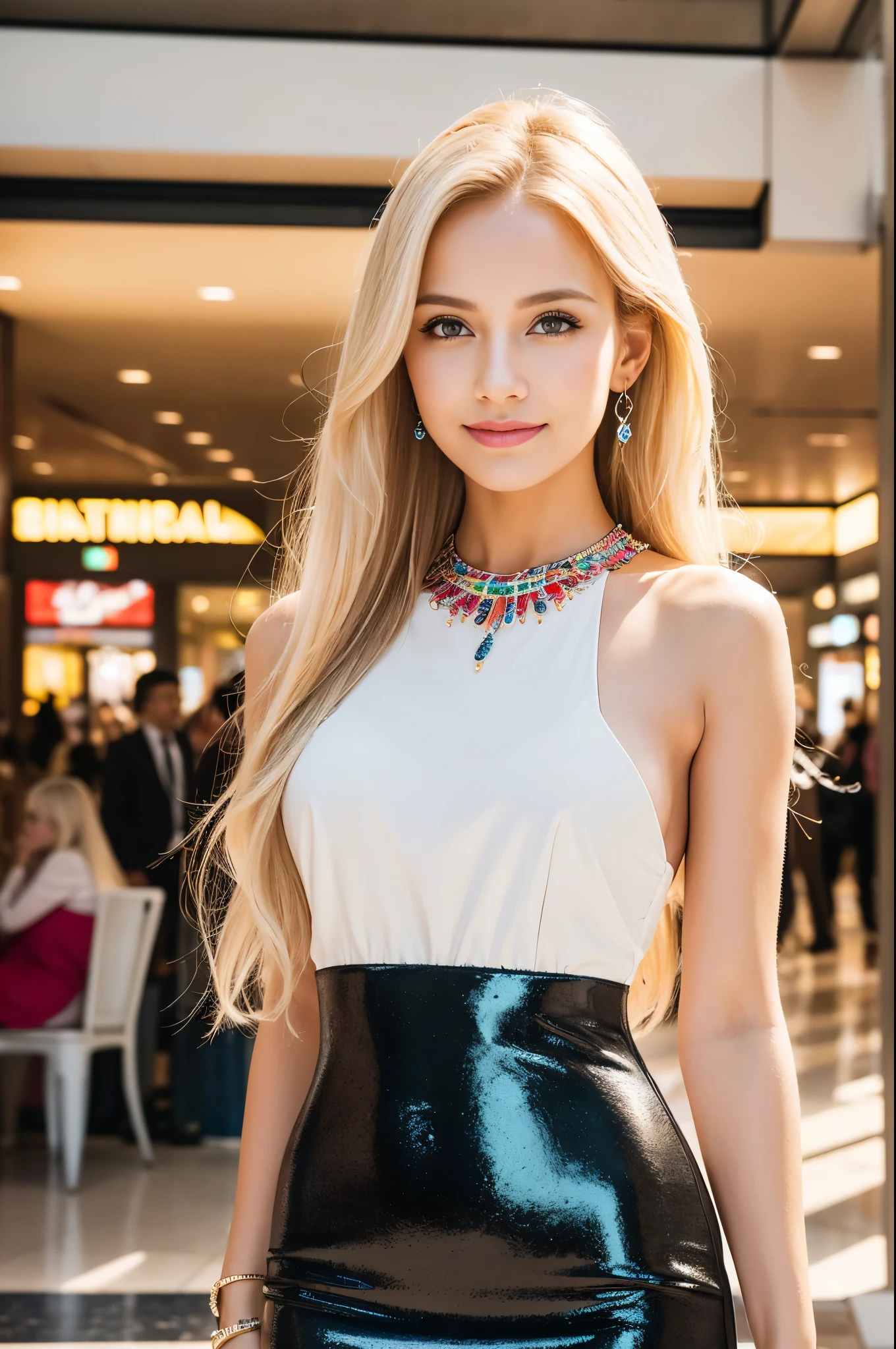 (best quality, 4k ,8k, highres, masterpiece:1.2), ultra-detailed, (realistic, photorealistic, photo-realistic:1.37), closeup, beautiful Swedish woman, beautiful smile, long lashes, defined eyebrows, platinum blonde hair, fair skin, slender figure, elegant posture, wearing large sparkling colorful jewelery, wearing a business style black leather dress, standing in a large shopping mall, gentle sunlight shining through the shopping mall windows, casting a soft glow on her face, adding warmth to the scene, vibrant colors, capturing the essence of vibrant city life, portrait style, showcasing her natural beauty and grace in a feminine way.