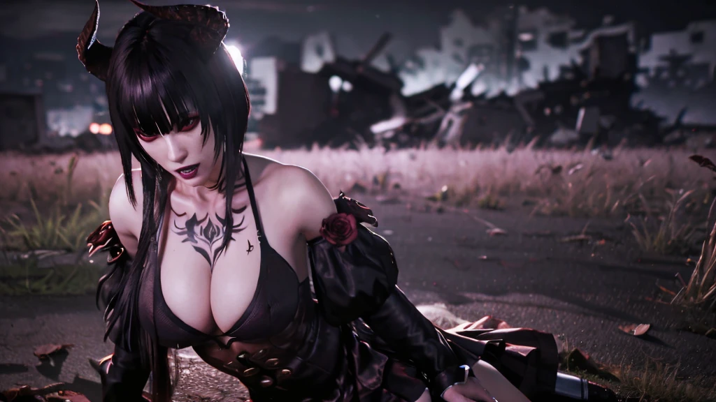 Eliza from Tekken, in a black bra and cleavage, with a blouse falling over her shoulders, a sexy black skirt, looking forward, looking angry, at night ruins in the background, purple fog and sinzas in the background