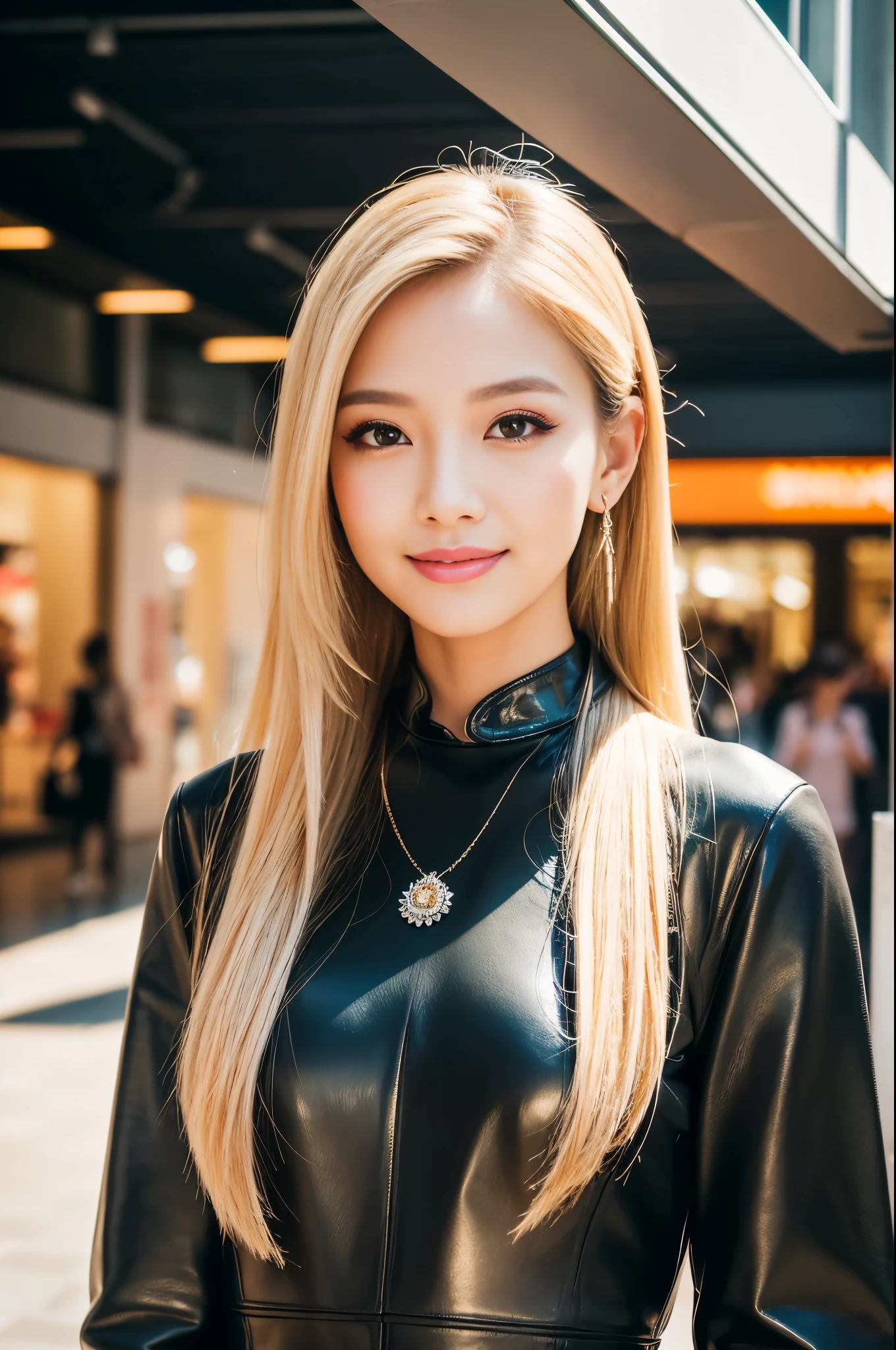 (best quality, 4k ,8k, highres, masterpiece:1.2), ultra-detailed, (realistic, photorealistic, photo-realistic:1.37), closeup, beautiful Thai woman, beautiful smile, long lashes, beautiful makeup, platinum blonde hair, fair skin, slender figure, elegant posture, wearing large sparkling colorful jewelery, wearing a business style black leather dress, standing in a large shopping mall, gentle sunlight shining through the shopping mall windows, casting a soft glow on her face, adding warmth to the scene, vibrant colors, capturing the essence of vibrant city life, portrait style, showcasing her natural beauty and grace in a feminine way. 