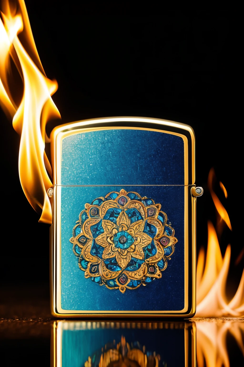 A magnificently detailed Zippo lighter, with a flame that bears a peaceful countenance, is the captivating centerpiece of this image. The meticulously painted lighter is adorned with intricate engravings, its shiny metallic finish gleaming in the light. This masterpiece of hyper-realistic artistry meticulously captures every nuance of the flame's flickering warmth, making it seem almost tangible. The background, awash in a rainbow of colors, provides a stunning contrast to the lighter's sleek and polished appearance. This image is a testament to the artist's unwavering dedication to perfection, a symbol of elegance and sophistication in