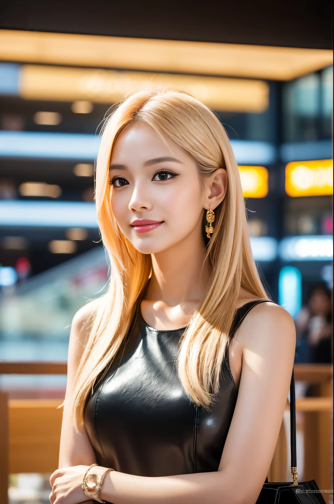 (best quality, 4k ,8k, highres, masterpiece:1.2), ultra-detailed, (realistic, photorealistic, photo-realistic:1.37), closeup, beautiful Thai woman, beautiful smile, long lashes, beautiful makeup, platinum blonde hair, fair skin, slender figure, elegant posture, wearing large sparkling colorful jewelery, wearing a business style black leather dress, standing in a large shopping mall, gentle sunlight shining through the shopping mall windows, casting a soft glow on her face, adding warmth to the scene, vibrant colors, capturing the essence of vibrant city life, portrait style, showcasing her natural beauty and grace in a feminine way.