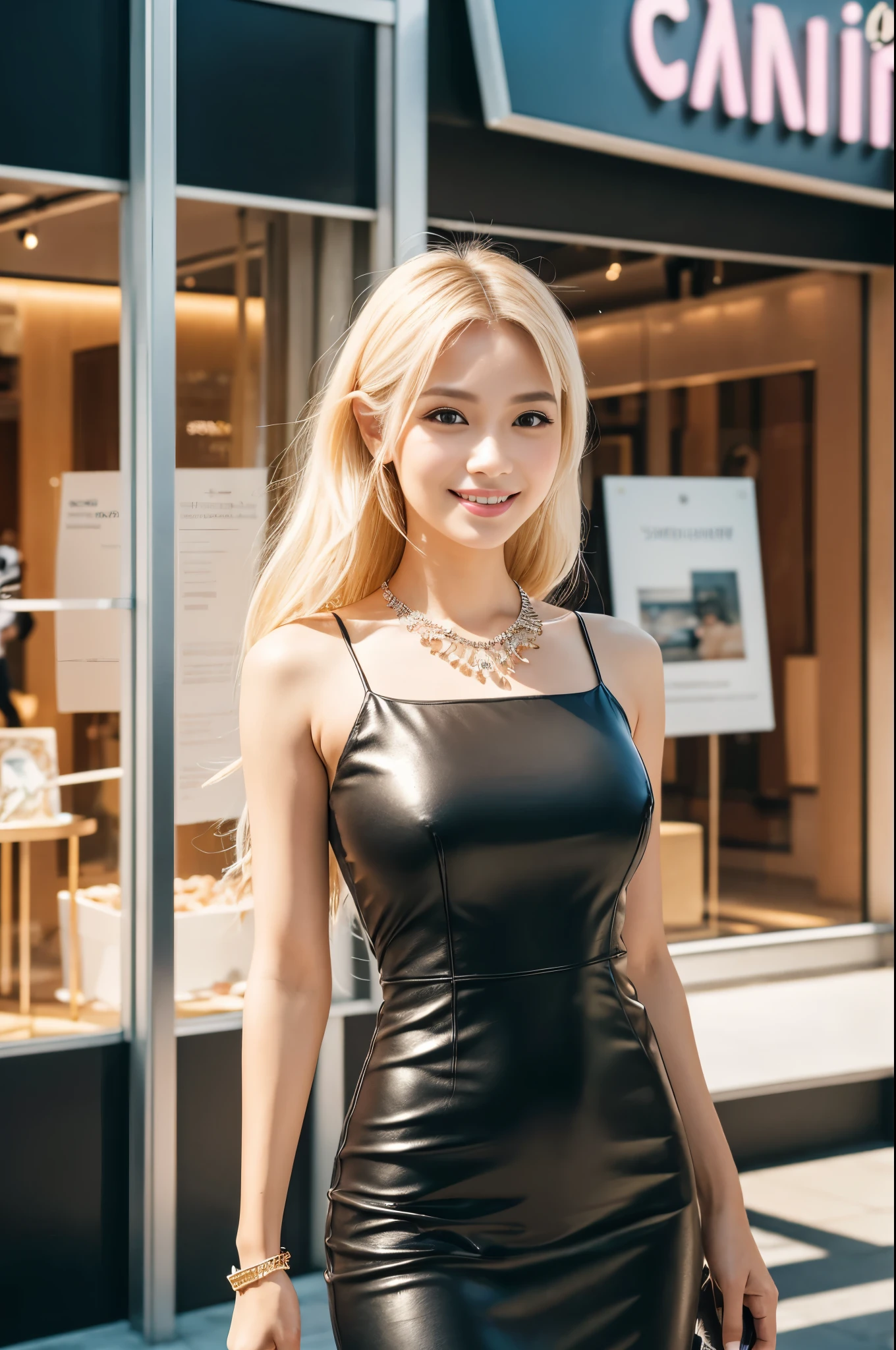 (best quality, 4k ,8k, highres, masterpiece:1.2), ultra-detailed, (realistic, photorealistic, photo-realistic:1.37), closeup, beautiful Thai woman, beautiful smile, beautiful makeup, platinum blonde hair, fair skin, slender figure, elegant posture, wearing large sparkling colorful jewelery, wearing a business style black leather dress, standing in a large shopping mall, gentle sunlight shining through the shopping mall windows, casting a soft glow on her face, adding warmth to the scene, vibrant colors, capturing the essence of vibrant city life, portrait style, showcasing her natural beauty and grace in a feminine way.