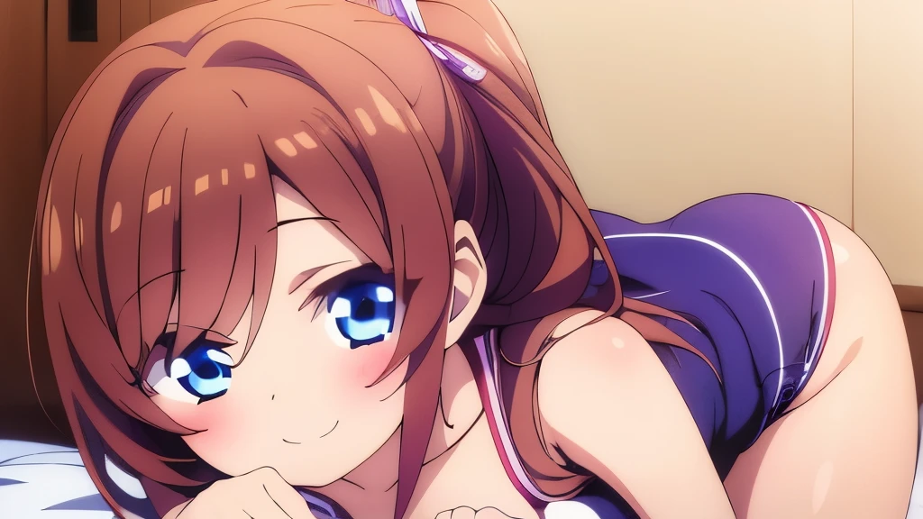 ((masterpiece)), ((best quality)), (ultra-detailed), anime style, on the bed, a cute girl, 1girl, solo, smile, underwear00