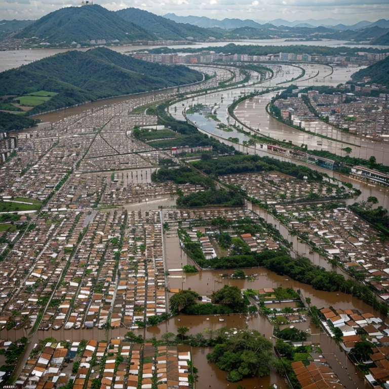 Cidade do Sul do Brasil, completely destroyed by floods, lama correntezas, lots of water up to the roofs, e pessoas desesperadas