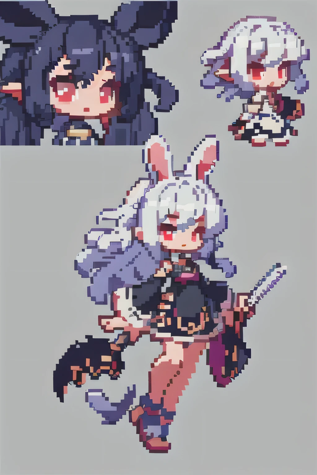 ((pixel)),pixel art,#quality(masterpiece, best quality,8k,very detailed),solo,(isometric view), #1girl(chibi,cute, kawaii,,rabbit ear,wizard costume,dark dress,cosmic hair,long hair, red eyes,big eyes,skin color white,holding wand)#background(dungeon)