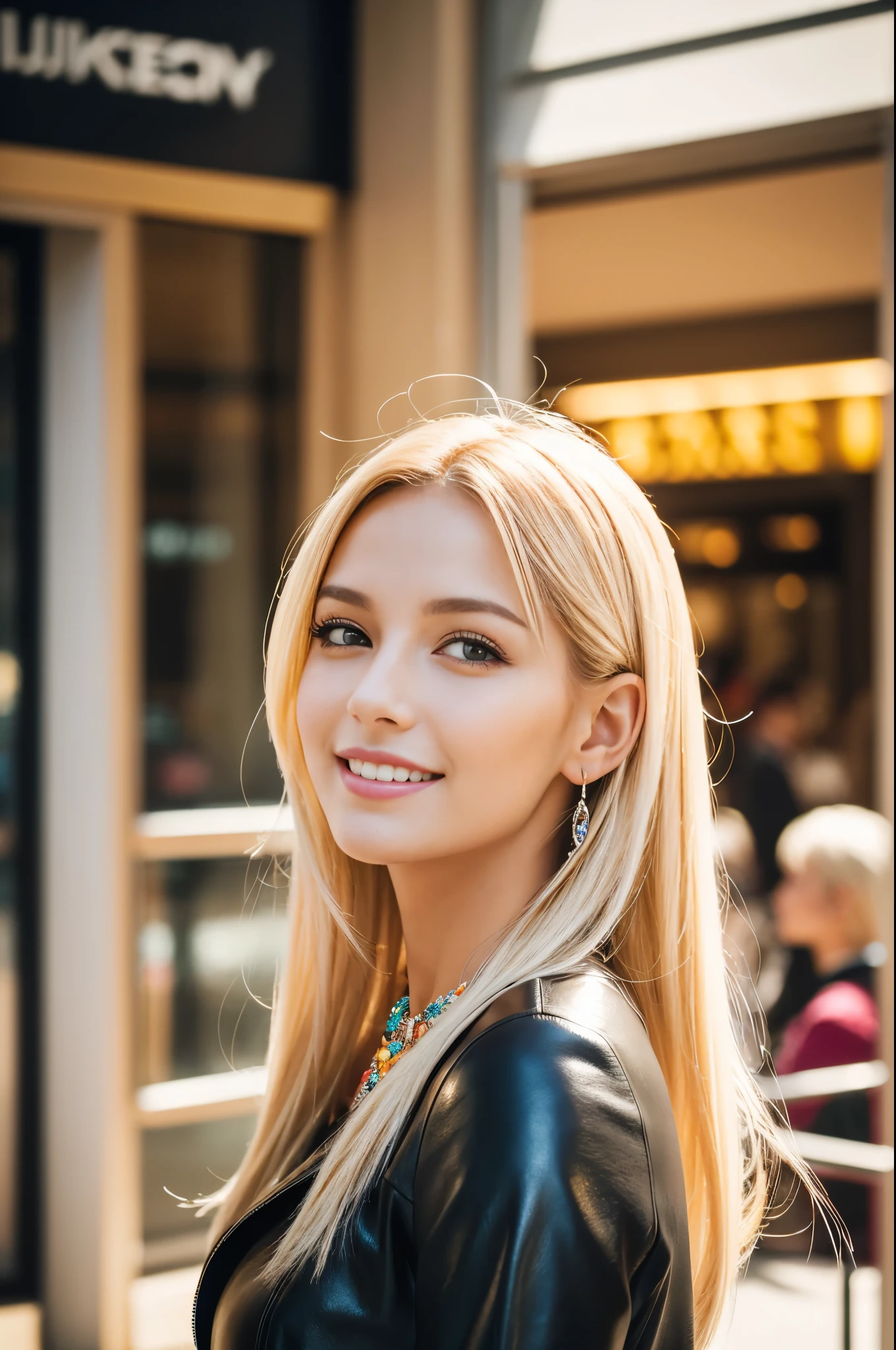 (best quality, 4k ,8k, highres, masterpiece:1.2), ultra-detailed, (realistic, photorealistic, photo-realistic:1.37), closeup, beautiful Swedish woman, beautiful smile, long lashes, defined eyebrows, platinum blonde hair, fair skin, slender figure, elegant posture, wearing large sparkling colorful jewelery, wearing a business style black leather dress, standing in a large shopping mall, gentle sunlight shining through the shopping mall windows, casting a soft glow on her face, adding warmth to the scene, vibrant colors, capturing the essence of vibrant city life, portrait style, showcasing her natural beauty and grace in a feminine way.