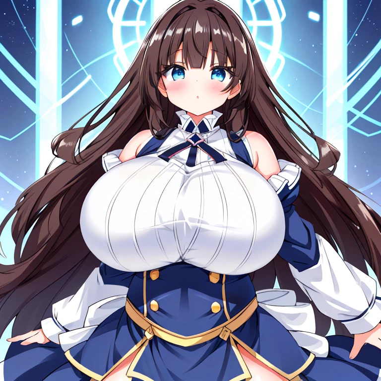 A Cute Young Girl, With (Lush, Long Dark-Brown Hair), (Beautiful Blue Eyes), Big Cleavage, ((Ridiculously Excessively Thick: 1.4)), ((Absurdly Intensely Big Breasted: 1.4)), (((ULTRA-MASSIVE Breasts: 1.5))),