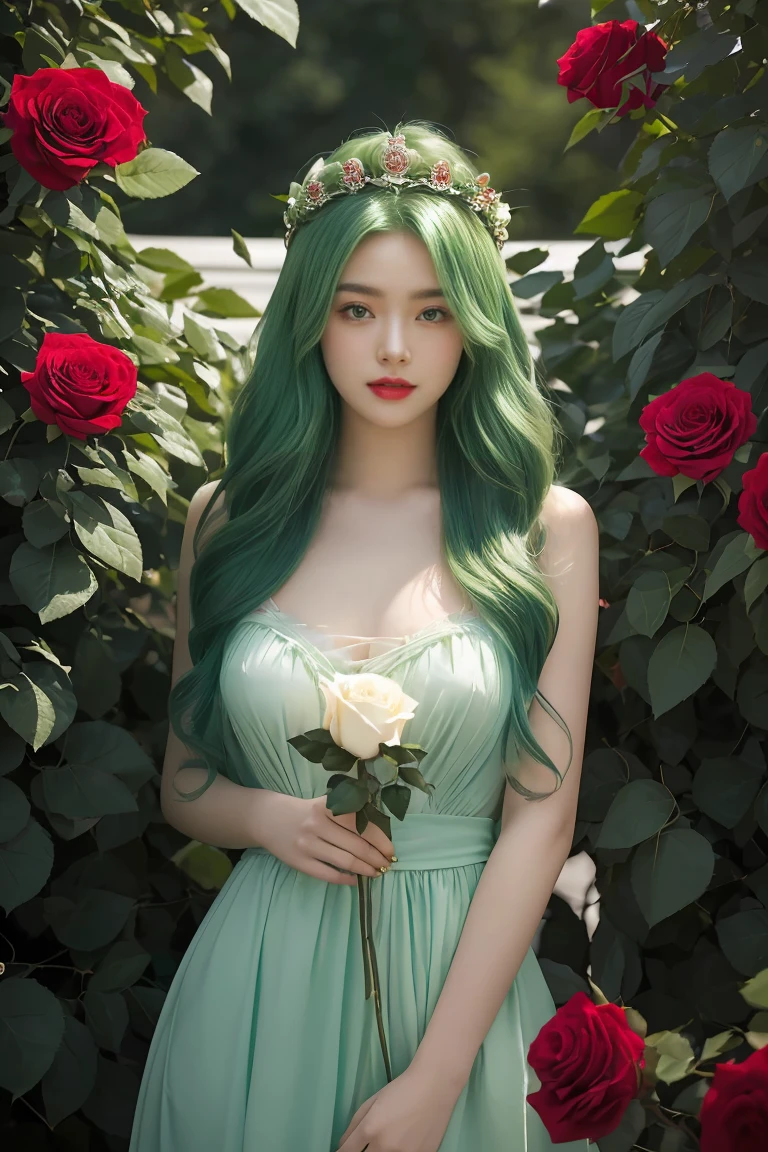 a rose girl, instead of clothes she has a rose and her bushes, she is the reincarnation of a rose, she is the queen of red roses, all roses obey her, the girl has a proud look, flowing green hair