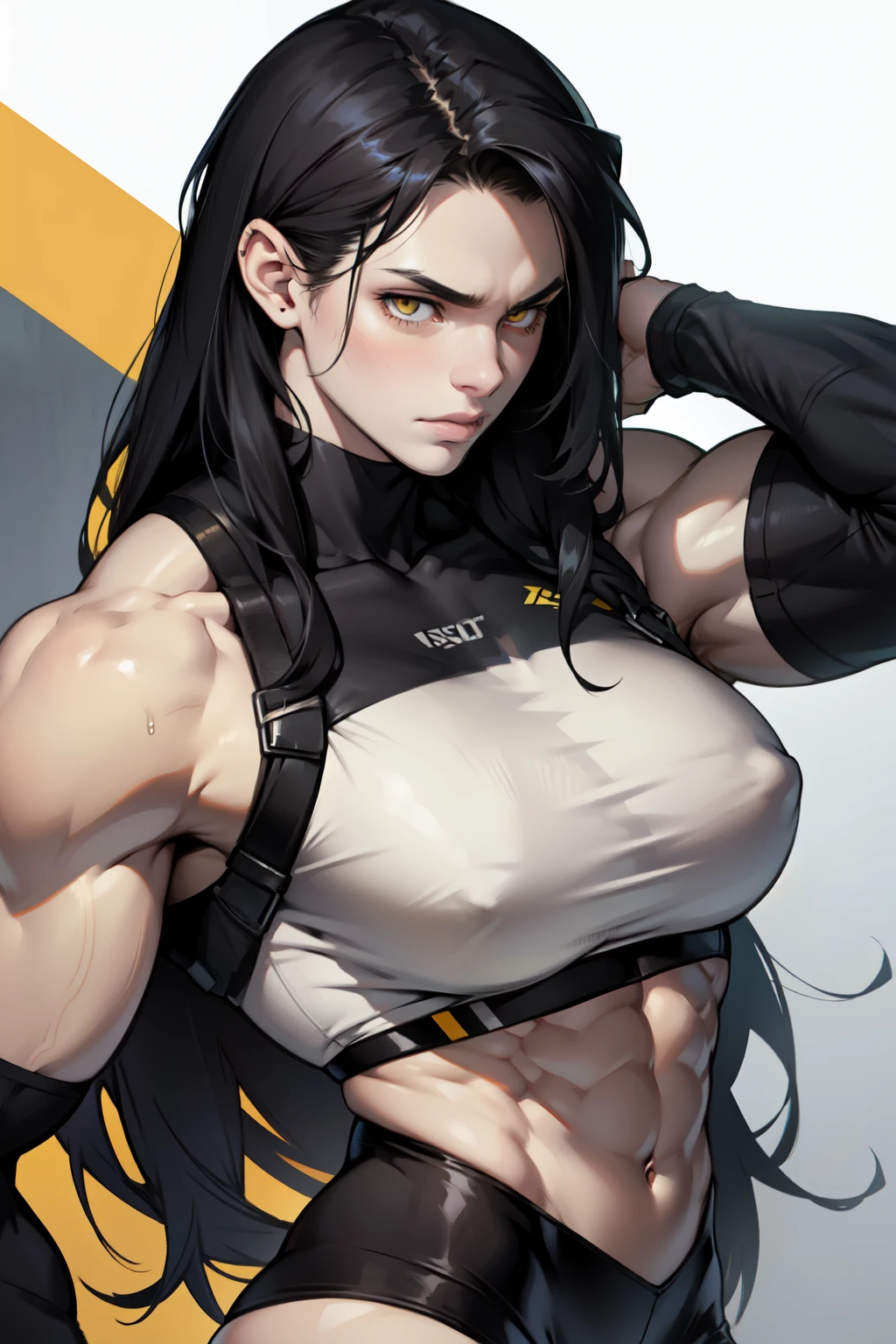 pale skin solo 1girl black hair yellow eyes sad very long hair huge toned body muscular bodybuilder