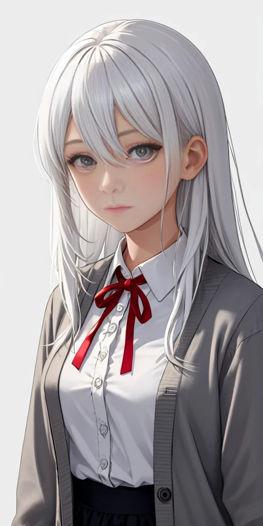 ((casual-style)), 1girl, solo, white hair, shirt, red ribbon, ribbon, looking at viewer, long hair, upper body, white eyes, white shirt, grey eyes, hair between eyes, neck ribbon, collared shirt, cardigan, closed mouth, expressionless, jacket, simple background, frills, bangs, white background, long sleeves