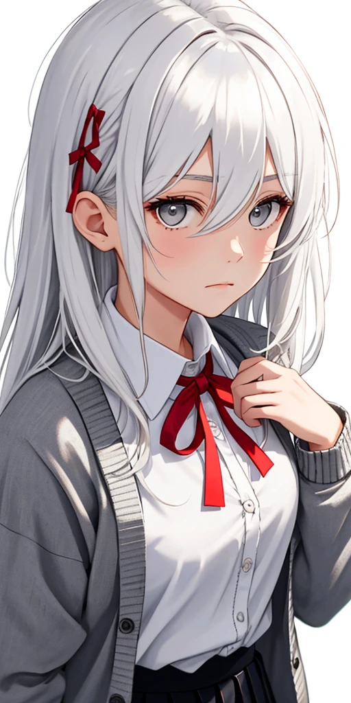 ((casual-style)), 1girl, solo, white hair, shirt, red ribbon, ribbon, looking at viewer, long hair, upper body, white eyes, white shirt, grey eyes, hair between eyes, neck ribbon, collared shirt, cardigan, closed mouth, expressionless, jacket, simple background, frills, bangs, white background, long sleeves