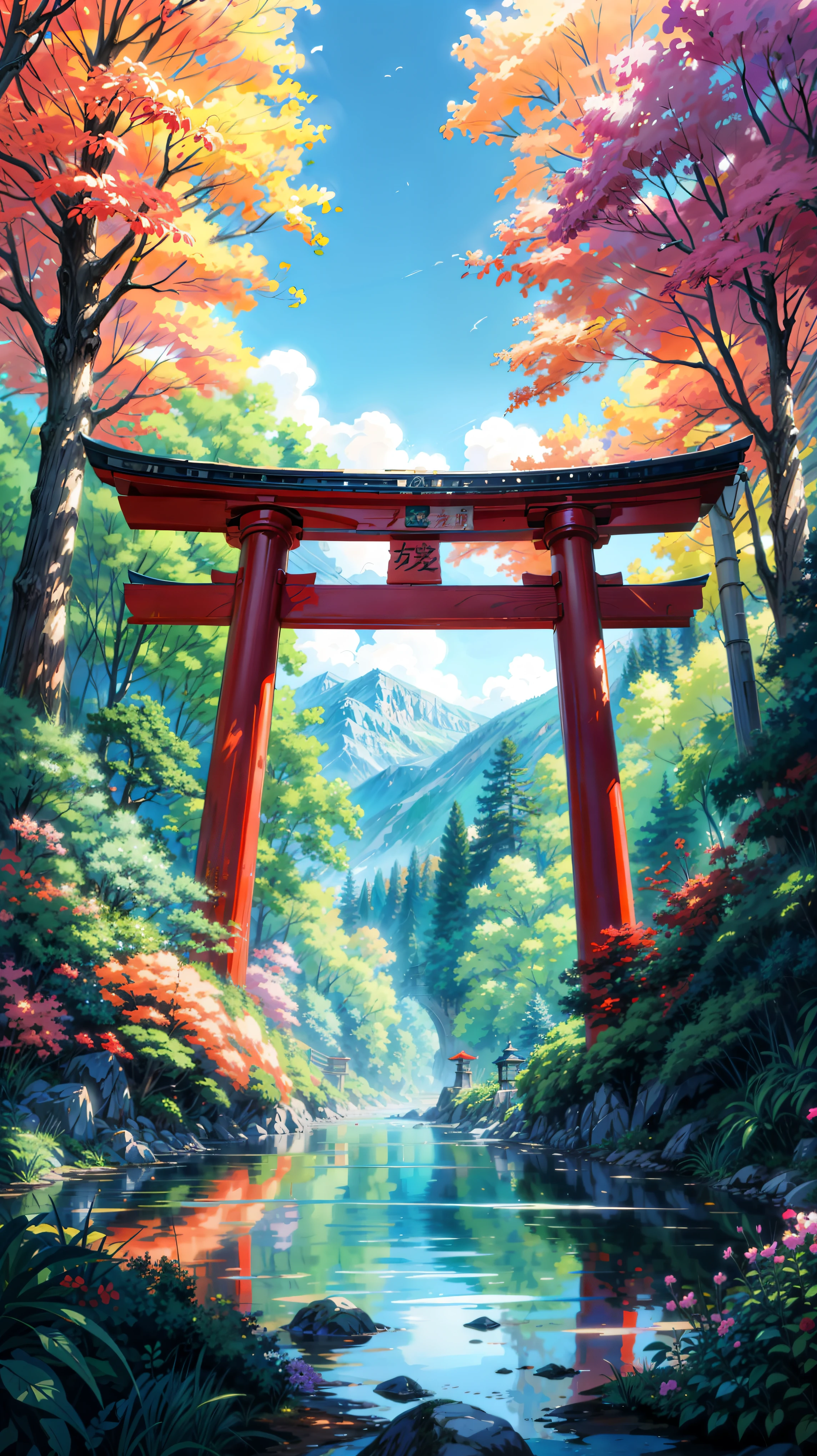 a painting of a painting of a tori tori gate in a forest, anime beautiful peace scene, torii in a moutain with trees, anime background art, by Kaii Higashiyama, anime nature wallpap, anime scenery, anime movie background, anime scenery concept art, anime landscape, by Torii Kiyonobu I, anime landscape wallpaper, high detail, anime scenery concept art, style of makoto shinkai, makoto shinkai art style, anime. by makoto shinkai, by Makoto Shinkai, by makoto shinkai, anime scenery, kyoto animation, 4k hd,, beautiful art uhd 4 k, a beautiful artwork illustration, beautiful digital painting, highly detailed digital painting, beautiful digital artwork, detailed painting 4 k, very detailed digital painting, rich picturesque colors, gorgeous digital painting, saturated, no human