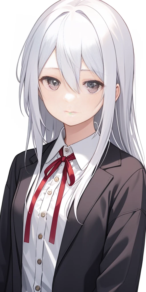 ((casual-style)), 1girl, solo, white hair, shirt, red ribbon, ribbon, looking at viewer, long hair, upper body, white eyes, white shirt, grey eyes, hair between eyes, neck ribbon, collared shirt, cardigan, closed mouth, expressionless, jacket, simple background, frills, bangs, white background, long sleeves