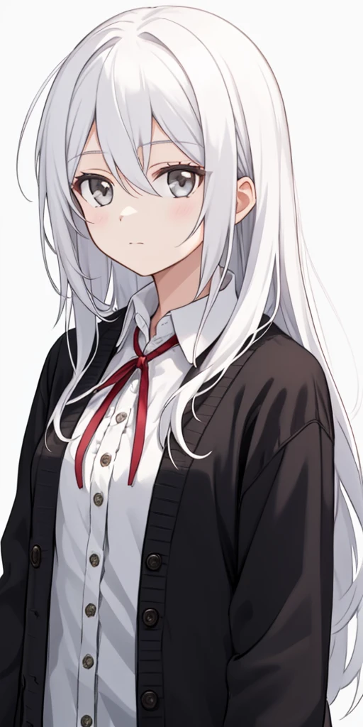 ((casual-style)), 1girl, solo, white hair, shirt, red ribbon, ribbon, looking at viewer, long hair, upper body, white eyes, white shirt, grey eyes, hair between eyes, neck ribbon, collared shirt, cardigan, closed mouth, expressionless, jacket, simple background, frills, bangs, white background, long sleeves