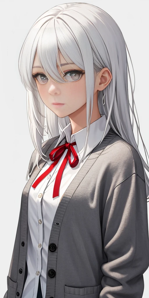 ((casual-style)), 1girl, solo, white hair, shirt, red ribbon, ribbon, looking at viewer, long hair, upper body, white eyes, white shirt, grey eyes, hair between eyes, neck ribbon, collared shirt, cardigan, closed mouth, expressionless, jacket, simple background, frills, bangs, white background, long sleeves
