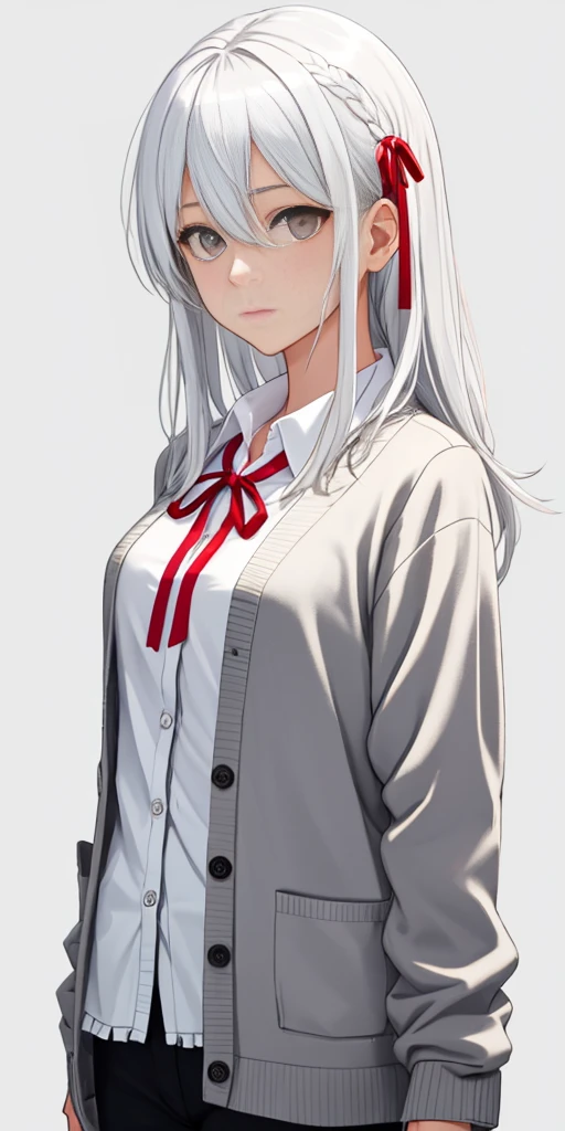 ((casual-style)), 1girl, solo, white hair, shirt, red ribbon, ribbon, looking at viewer, long hair, upper body, white eyes, white shirt, grey eyes, hair between eyes, neck ribbon, collared shirt, cardigan, closed mouth, expressionless, jacket, simple background, frills, bangs, white background, long sleeves