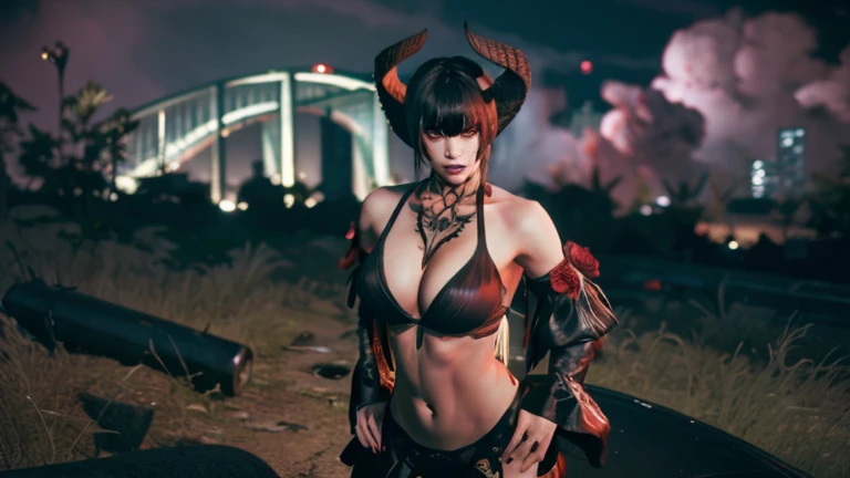 Eliza from Tekken, in a black bra and cleavage, with a blouse falling over her shoulders, a sexy black skirt, looking forward, looking angry, at night ruins in the background, purple fog and sinzas in the background