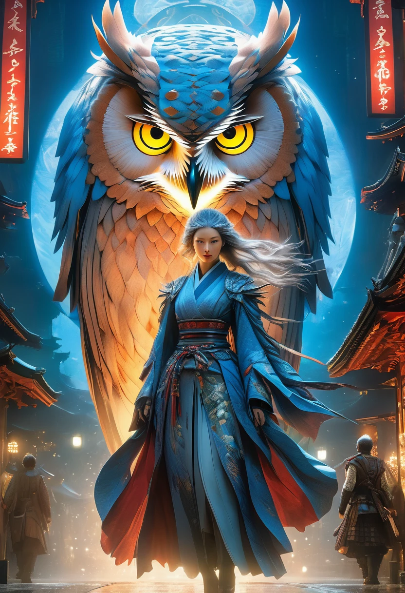 best quality,4k,8k,highres,masterpiece:1.2,ultra-detailed,realistic:1.37,HDR,UHD,studio lighting,ultra-fine painting,sharp focus,physically-based rendering,(Yoshitaka Amano style:1.1), A nordic woman and her guardian familiar, mystical creature,otherworldly creature,kaiju-like,enchanting companions,wearing stylish futuristic clothes,inspired by Nioh,wide angle, dynamic poses, (The woman, with her eyes brightly colored, no makeup and her nordic facial features elegantly detailed, adding to her allure. Dressed in elegant casual clothes with a stylish futuristic jacket.), (She is accompanied by a guardian, an owl bear mixed kaiju with exquisite appearance features. The creature's presence adds a sense of wonder and magic to the scene.), (The woman and her companion stand in a dark and gothic city, a modern metropolis with surreal plants, and vibrant signs. The colors are vibrant, with a mixture of blues, browns, and pale reds creating a dreamlike atmosphere.), (The lighting is soft but illuminating, casting a gentle glow on both the woman and the creature.), (The overall composition has a realistic and photorealistic quality, capturing the essence of the scene in intricate detail.), (The art style is inspired by Yoshitaka Amano, known for his ethereal and otherworldly illustrations. The combination of realistic elements with the artist's unique style creates a captivating and visually stunning image.),Greg Rutkowski