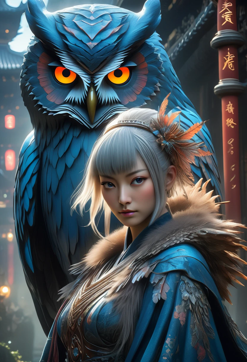 best quality,4k,8k,highres,masterpiece:1.2,ultra-detailed,realistic:1.37,HDR,UHD,studio lighting,ultra-fine painting,sharp focus,physically-based rendering,(Yoshitaka Amano style:1.1), A nordic woman and her guardian familiar, mystical creature,otherworldly creature,kaiju-like,enchanting companions,wearing stylish futuristic clothes,inspired by Nioh,wide angle, dynamic poses, (The woman, with her eyes brightly colored, no makeup and her nordic facial features elegantly detailed, adding to her allure. Dressed in elegant casual clothes with a stylish futuristic jacket.), (She is accompanied by a guardian, an owl bear mixed kaiju with exquisite appearance features. The creature's presence adds a sense of wonder and magic to the scene.), (The woman and her companion stand in a dark and gothic city, a modern metropolis with surreal plants, and vibrant signs. The colors are vibrant, with a mixture of blues, browns, and pale reds creating a dreamlike atmosphere.), (The lighting is soft but illuminating, casting a gentle glow on both the woman and the creature.), (The overall composition has a realistic and photorealistic quality, capturing the essence of the scene in intricate detail.), (The art style is inspired by Yoshitaka Amano, known for his ethereal and otherworldly illustrations. The combination of realistic elements with the artist's unique style creates a captivating and visually stunning image.),Greg Rutkowski