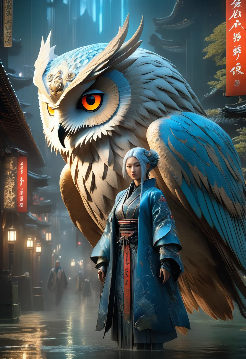 best quality,4k,8k,highres,masterpiece:1.2,ultra-detailed,realistic:1.37,HDR,UHD,studio lighting,ultra-fine painting,sharp focus,physically-based rendering,(Yoshitaka Amano style:1.1), A nordic woman and her guardian familiar, mystical creature,otherworldly creature,kaiju-like,enchanting companions,wearing stylish futuristic clothes,inspired by Nioh,wide angle, dynamic poses, (The woman, with her eyes brightly colored, no makeup and her nordic facial features elegantly detailed, adding to her allure. Dressed in elegant casual clothes with a stylish futuristic jacket.), (She is accompanied by a guardian, an owl bear mixed kaiju with exquisite appearance features. The creature's presence adds a sense of wonder and magic to the scene.), (The woman and her companion stand in a dark and gothic city, a modern metropolis with surreal plants, and vibrant signs. The colors are vibrant, with a mixture of blues, browns, and pale reds creating a dreamlike atmosphere.), (The lighting is soft but illuminating, casting a gentle glow on both the woman and the creature.), (The overall composition has a realistic and photorealistic quality, capturing the essence of the scene in intricate detail.), (The art style is inspired by Yoshitaka Amano, known for his ethereal and otherworldly illustrations. The combination of realistic elements with the artist's unique style creates a captivating and visually stunning image.),Greg Rutkowski