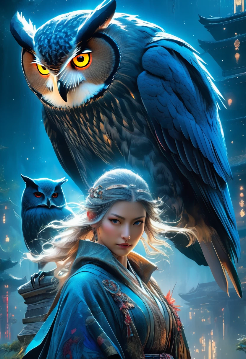 best quality,4k,8k,highres,masterpiece:1.2,ultra-detailed,realistic:1.37,HDR,UHD,studio lighting,ultra-fine painting,sharp focus,physically-based rendering,(Yoshitaka Amano style:1.1), A nordic woman and her guardian familiar, mystical creature,otherworldly creature,kaiju-like,enchanting companions,wearing stylish futuristic clothes,inspired by Nioh,wide angle, dynamic poses, (The woman, with her eyes brightly colored, no makeup and her nordic facial features elegantly detailed, adding to her allure. Dressed in elegant casual clothes with a stylish futuristic jacket.), (She is accompanied by a guardian, an owl bear mixed kaiju with exquisite appearance features. The creature's presence adds a sense of wonder and magic to the scene.), (The woman and her companion stand in a dark and gothic city, a modern metropolis with surreal plants, and vibrant signs. The colors are vibrant, with a mixture of blues, browns, and pale reds creating a dreamlike atmosphere.), (The lighting is soft but illuminating, casting a gentle glow on both the woman and the creature.), (The overall composition has a realistic and photorealistic quality, capturing the essence of the scene in intricate detail.), (The art style is inspired by Yoshitaka Amano, known for his ethereal and otherworldly illustrations. The combination of realistic elements with the artist's unique style creates a captivating and visually stunning image.),Greg Rutkowski
