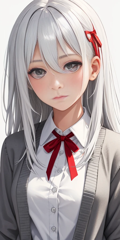 ((casual-style)), 1girl, solo, white hair, shirt, red ribbon, ribbon, looking at viewer, long hair, upper body, white eyes, white shirt, grey eyes, hair between eyes, neck ribbon, collared shirt, cardigan, closed mouth, expressionless, jacket, simple background, frills, bangs, white background, long sleeves