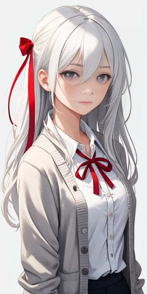 ((casual-style)), 1girl, solo, white hair, shirt, red ribbon, ribbon, looking at viewer, long hair, upper body, white eyes, white shirt, grey eyes, hair between eyes, neck ribbon, collared shirt, cardigan, closed mouth, expressionless, jacket, simple background, frills, bangs, white background, long sleeves