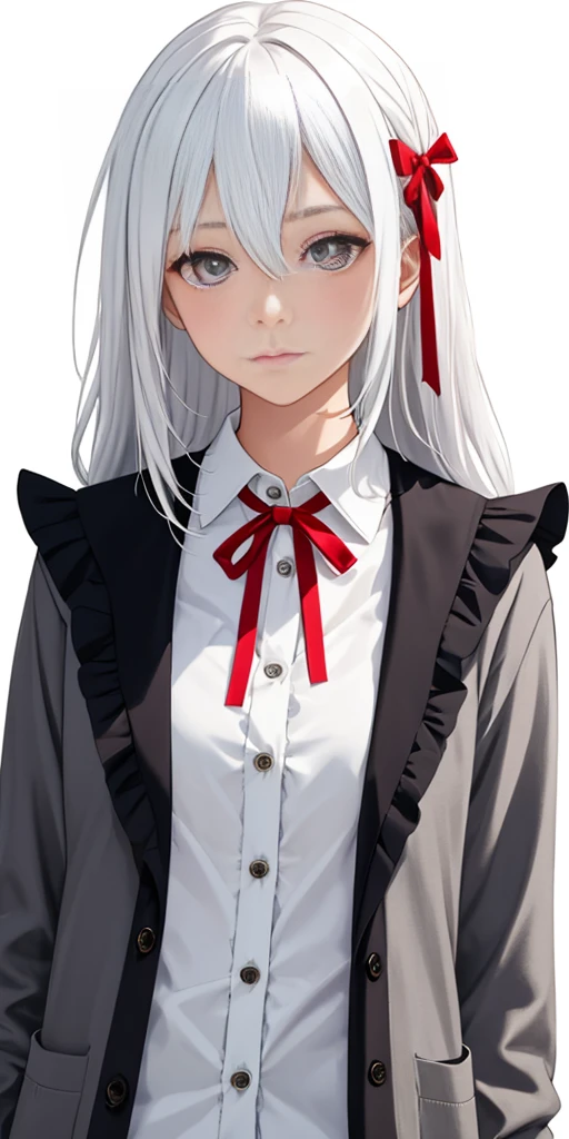 ((casual-style)), 1girl, solo, white hair, shirt, red ribbon, ribbon, looking at viewer, long hair, upper body, white eyes, white shirt, grey eyes, hair between eyes, neck ribbon, collared shirt, cardigan, closed mouth, expressionless, jacket, simple background, frills, bangs, white background, long sleeves