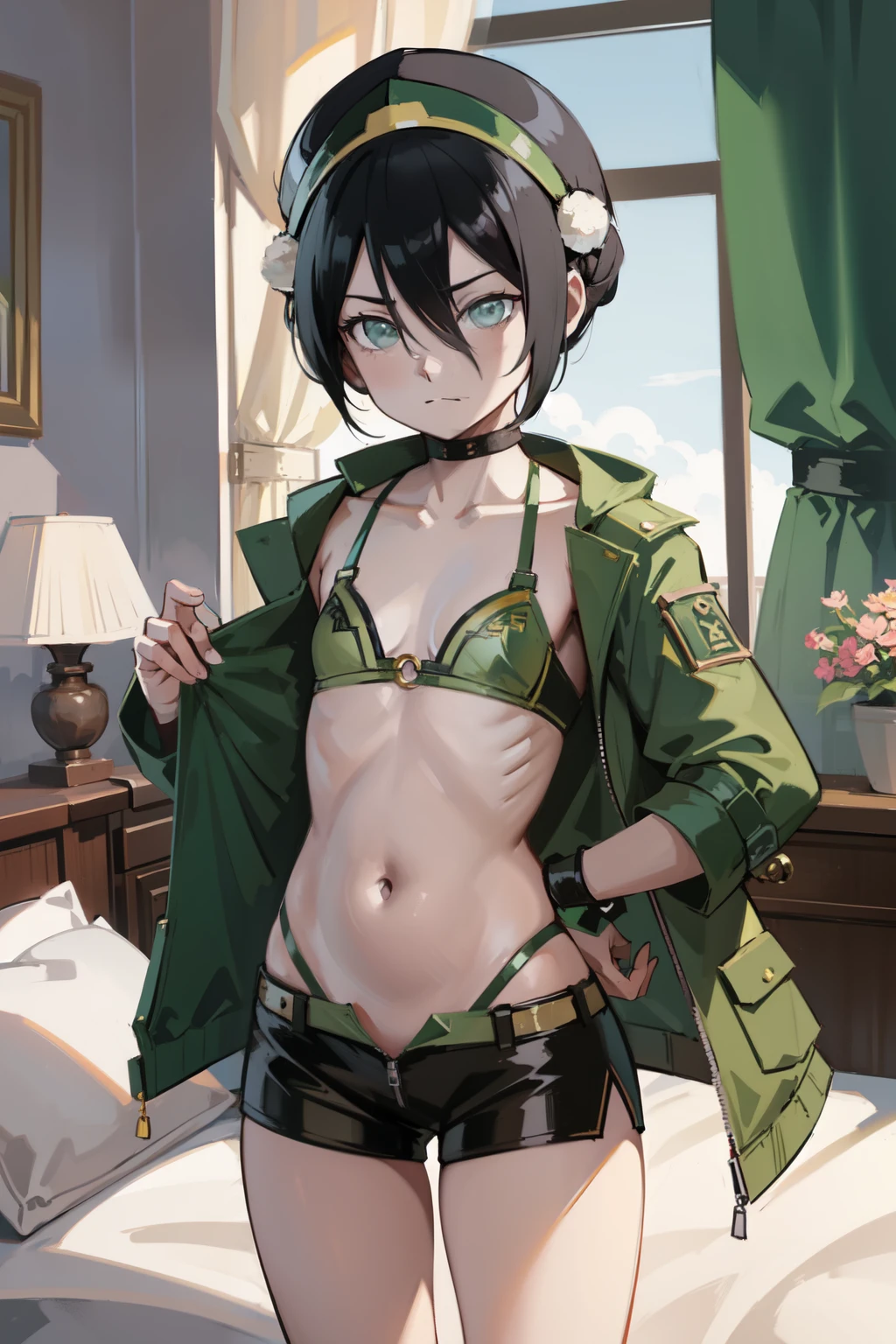 absurdres, highres, ultra detailed, toph beifong , disappointed  face , solo , gren jacket, open clothes,  bra , flat chest  ,shorts , looking at viewer , bedroom . 