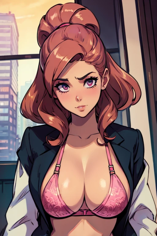 female manager in pink massive bra