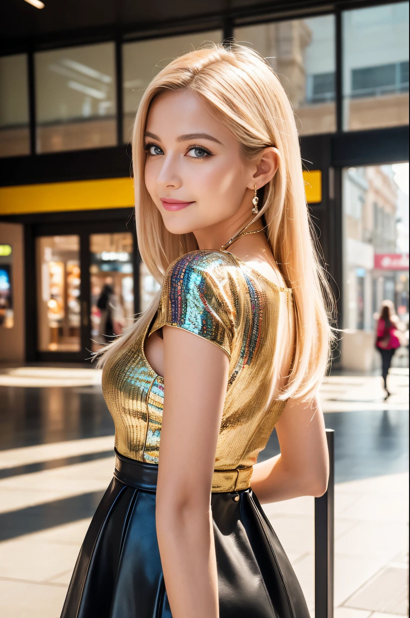 (best quality, 4k ,8k, highres, masterpiece:1.2), ultra-detailed, (realistic, photorealistic, photo-realistic:1.37), closeup, beautiful Swedish woman, beautiful smile, long lashes, beautiful makeup, platinum blonde hair, fair skin, slender figure, elegant posture, wearing large sparkling colorful jewelery, wearing a business style black leather dress, standing in a large shopping mall, gentle sunlight shining through the shopping mall windows, casting a soft glow on her face, adding warmth to the scene, vibrant colors, capturing the essence of vibrant city life, portrait style, showcasing her natural beauty and grace in a feminine way.