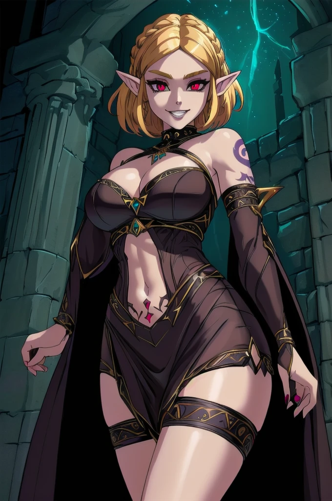 (zelda totk reimagined as a corrupted dark queen by ganon  )+++, sfw++,masterpiece, best quality, high quality, illustration, film grain,(perfect female )++, beautiful detailed eyes,  (symbol of evil:1.2),milf zelda, lascivious woman, (evil smile:1.1), (villain, dark heroine:1.2), (perfect female proportions:1.1), (seductive eyes:1.2), eyeliner, mascara, sexy makeup, (seductive smile:1.2), (mature woman:1.4),masterpiece, best quality, high quality, illustration, film grain, 1girl, (glowing evil red eyes), evil grin, crazy eyes, (high resolution, masterpiece, ultra best quality, insanely amazing hyper fine extremely detailed, official:1.4) dark heroine anime girl with short hair in a dark and evil place, extremely detailed artgerm, (official:1.4), dynamic composition, (solo girl:1.4), {sfw}, masterpiece, ultra-detailed, iconic attack, dominatrix, spiked collar, dark kingdom, bad end, 1girl, solo female, solo focus, mature female, standing, full body, looking at viewer, dark zelda totk, dark queen, evil, corruption, contrapposto, mind break, blond hair, (short hair:1,5), evil smile, lips, eyelashes, evil grin, dark aura, thigh_clothes, ,alternate costume, bdsm, (intricate details:1.12), (intricate details, hyperdetailed:1.15), hdr, dungeon, (at night:1.2), fireplace, warm light, dramatic light, cinematic,creepy dungeon, dark aesthetic, goth aesthetic, creepy, ominous background, dark atmosphere, death atmosphere, green and red atmosphere, evil dungeon background, gothique, faint darkness, ((red glow crotch tattoo)), 