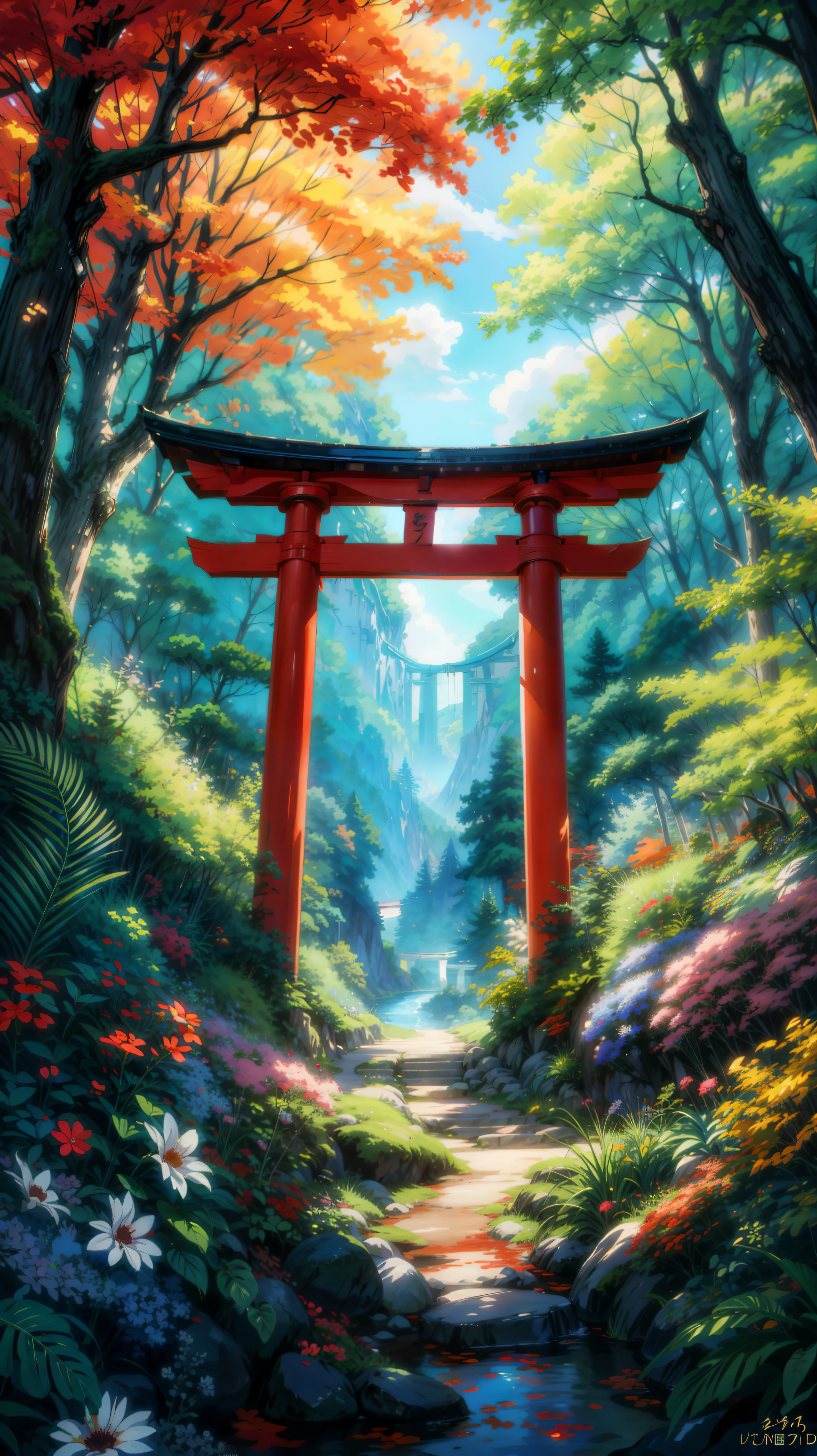a painting of a painting of a tori tori gate in a forest, anime beautiful peace scene, torii in a moutain with trees, anime background art, by Kaii Higashiyama, anime nature wallpap, anime scenery, anime movie background, anime scenery concept art, anime landscape, by Torii Kiyonobu I, anime landscape wallpaper, high detail, anime scenery concept art, style of makoto shinkai, makoto shinkai art style, anime. by makoto shinkai, by Makoto Shinkai, by makoto shinkai, anime scenery, kyoto animation, 4k hd,, beautiful art uhd 4 k, a beautiful artwork illustration, beautiful digital painting, highly detailed digital painting, beautiful digital artwork, detailed painting 4 k, very detailed digital painting, rich picturesque colors, gorgeous digital painting, saturated, no human