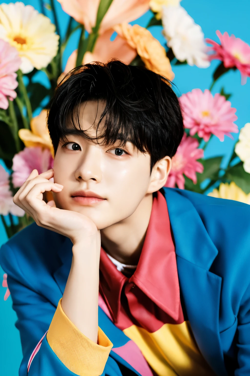Full colorful background and backdrop,magazine photo,hand hold flower,pose with prop,no text,short blazer,Handsome korean male,Center-parted hairstyle,a cassock,worship,angle tilted to the side,
