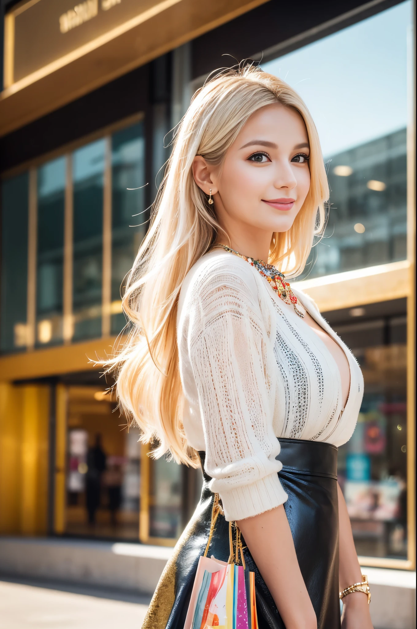 (best quality, 4k ,8k, highres, masterpiece:1.2), ultra-detailed, (realistic, photorealistic, photo-realistic:1.37), closeup, beautiful Swedish woman, beautiful smile, long lashes, beautiful makeup, platinum blonde hair, fair skin, slender figure, elegant posture, wearing large sparkling colorful jewelery, wearing a business style black leather dress, standing in a large shopping mall, gentle sunlight shining through the shopping mall windows, casting a soft glow on her face, adding warmth to the scene, vibrant colors, capturing the essence of vibrant city life, portrait style, showcasing her natural beauty and grace in a feminine way.