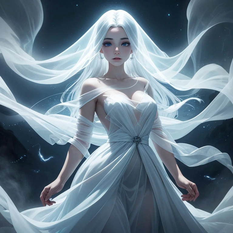 uma  com olhos detalhados, detailed lips, olhos e rosto extremamente detalhados, long eyelashes, ghostly appearance, lindo e assustador, flutuando misteriosamente, Ethereal beauty, translucent form, pale complexion, cabelo solto, ethereal dress, aura misteriosa, surrounded by a fog, brilho radiante, Hauntingly beautiful expression, farrapos de energia, ethereal light, supernatural presence, assombrosamente sedutor, Charme de outro mundo, ghostly figure, ethereal movement, Ghostly transparency, sinister elegance, atmosfera surreal, spectral presence, captivating and translucent, fascinante e sobrenatural, ghostly whispers, charmingly ethereal, sutil e misterioso, assombrosamente hipnotizante, ghostly deity, Captivating and ethereal, hipnotizantemente sobrenatural fantasma asiatica bonita, atraente e fofa