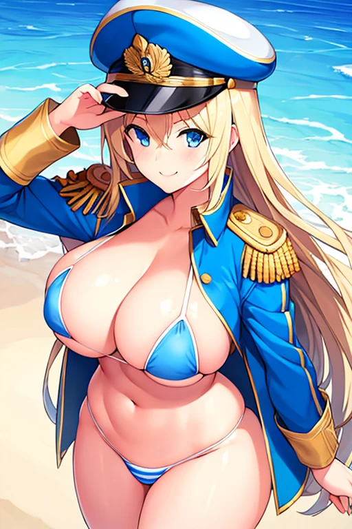 1girl, blonde hair, long hair, blue eyes, large breasts, thick thighs, epaulettes, hat, jacket, bikini, stripped bikini, blue stripes, white bikini, blue trim, beach, cap, smile, tall, tall female, cleavage, from above, wide hips,