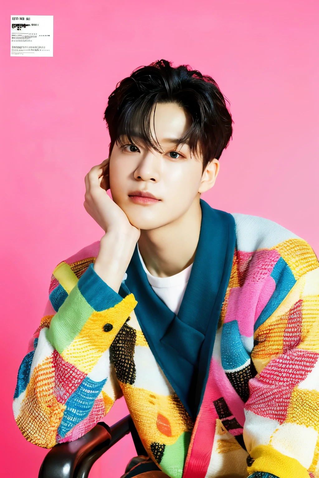 Full colorful background and backdrop,magazine photo,hand hold flower prop,pose with prop,no text,short blazer,Handsome korean male,Center-parted hairstyle,a cassock,worship,angle tilted to the side,