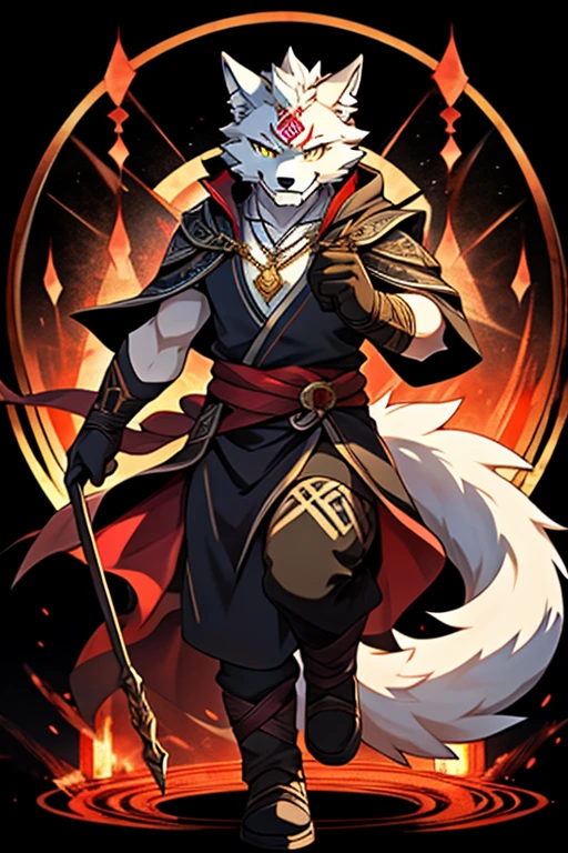 Hairy,1 boy, White Silver Wolf Boy,young,middle earth,Exquisite, detailed,clear,Dynamic pose,White Grim Reaper Costume,Yellow Eyes,Rainbow Eyes,Eye contact,There is an iron ring on the tail,There is a pendant on the chest.,Gold inverted triangle tattoo on forehead,White fur,short Hairy tail,Black gloves,The legs are wrapped in black bandages,Has a long-handled bow,clear面部,No pattern on the body,Dress appropriately,Strict body structure,The eyes are red and shine like transparent sparks.,Evil Eye,Red light radiating from within,A red spirit resides in the eyes,Vertical red tattoo on the right side of the face