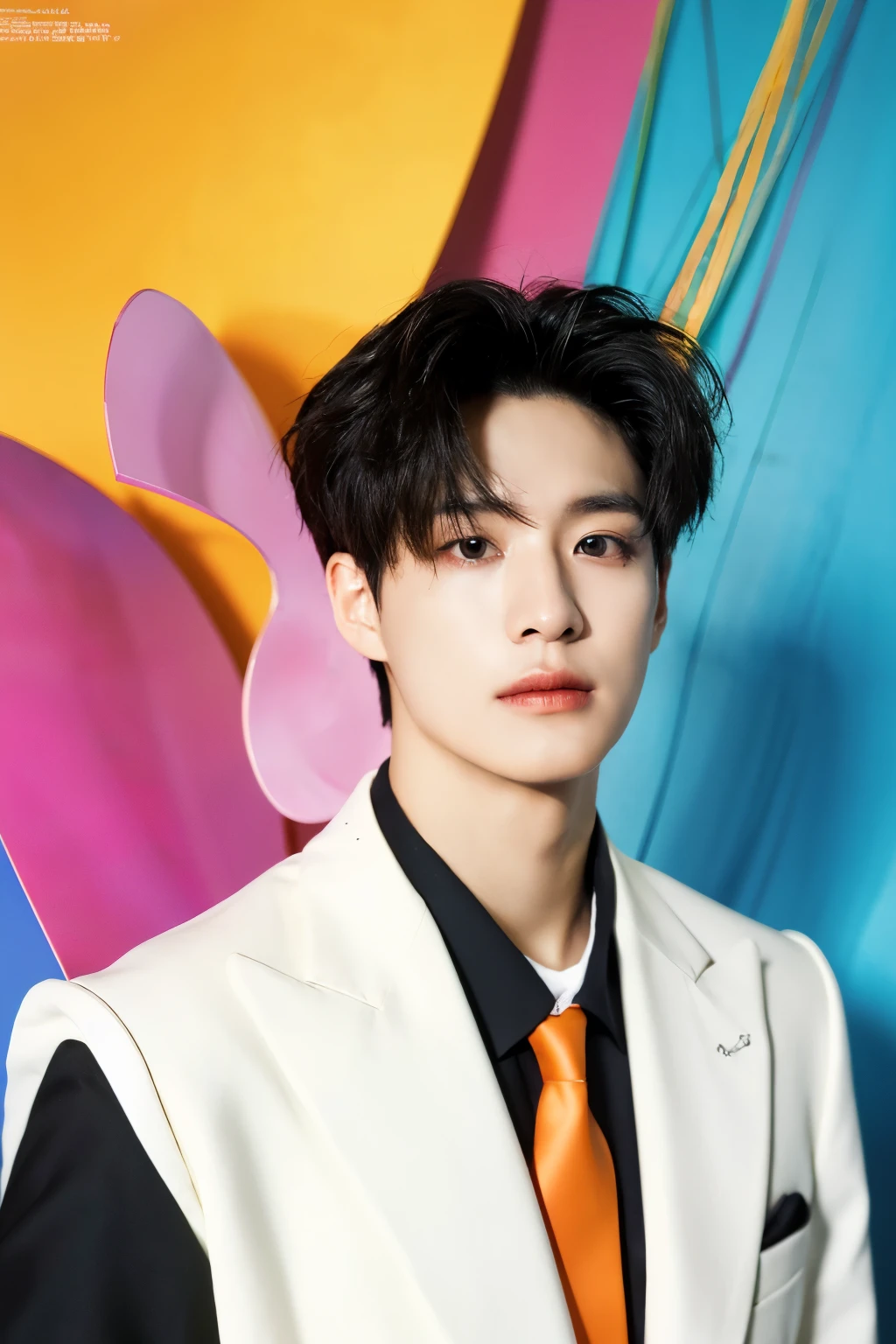 Full colorful background and backdrop,magazine photo,flower prop,pose with prop,no text,short blazer,Handsome korean male,Center-parted hairstyle,a cassock,worship,angle tilted to the side,