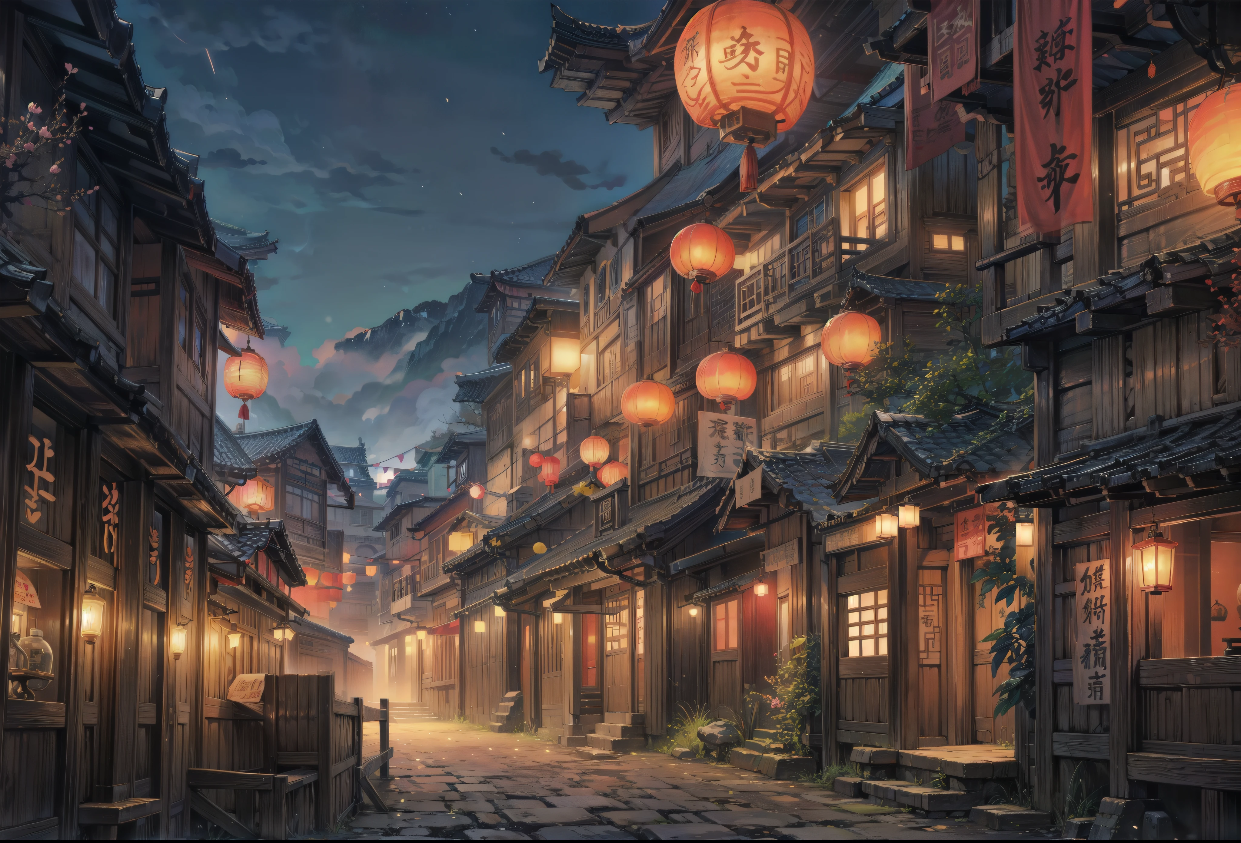 Old ancient chinese town, bright ancient chinese town, beautiful scene, scenery, ancient town, ancient time set, bright color palette, beautiful houses, scene, bright sky, nice enviroment, background, beautiful scene,ground