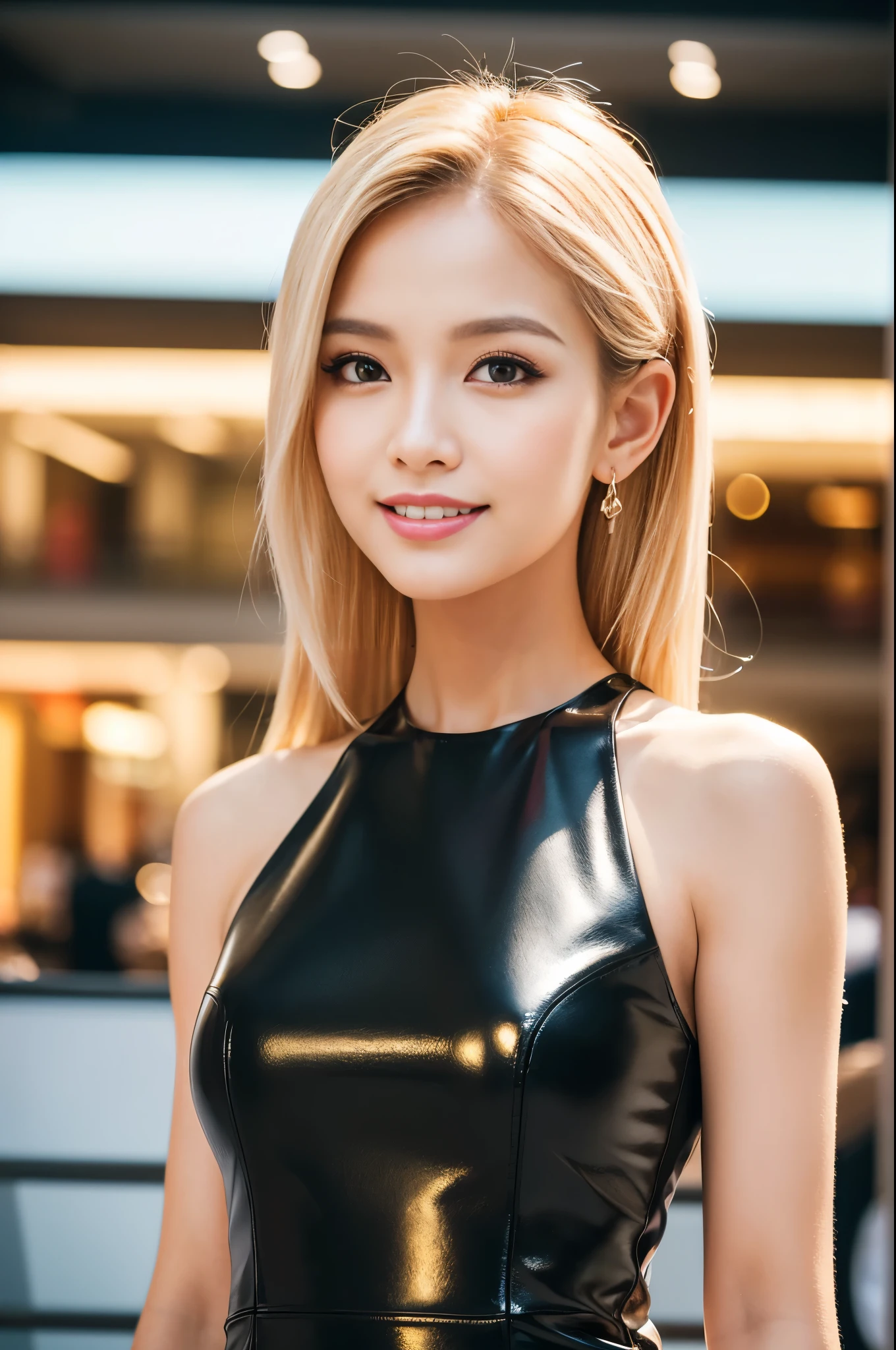 (best quality, 4k ,8k, highres, masterpiece:1.2), ultra-detailed, (realistic, photorealistic, photo-realistic:1.37), closeup, beautiful Thai woman, beautiful smile, beautiful makeup, platinum blonde hair, fair skin, slender figure, elegant posture, wearing large sparkling colorful jewelery, wearing a business style black leather dress, standing in a large shopping mall, gentle sunlight shining through the shopping mall windows, casting a soft glow on her face, adding warmth to the scene, vibrant colors, capturing the essence of vibrant city life, portrait style, showcasing her natural beauty and grace in a feminine way.