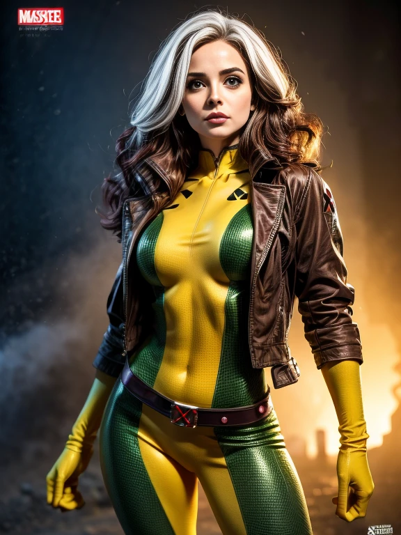 Eliza Dushku、masterpiece, High-quality 4K, Villain (X-Men), Gothic Girl, Sculpted body gothic makeup, Brown jacket, Yellow and green bodysuit, masterpiece, highest quality, Cowboy Shot, One girl, alone, Technology Military Bodysuit, fringe.