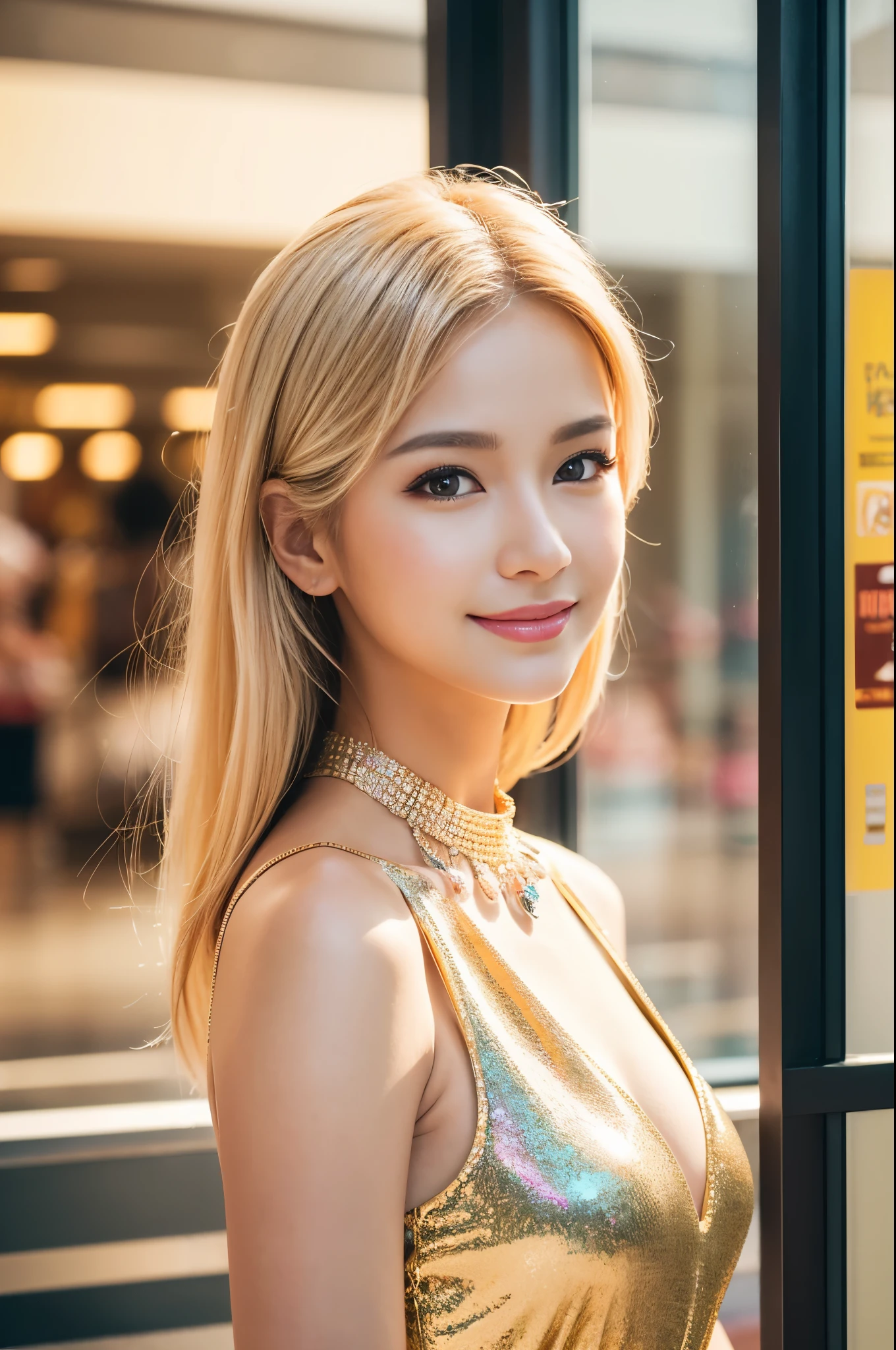 (best quality, 4k ,8k, highres, masterpiece:1.2), ultra-detailed, (realistic, photorealistic, photo-realistic:1.37), closeup, beautiful Thai woman, beautiful smile, beautiful makeup, platinum blonde hair, fair skin, slender figure, elegant posture, wearing large sparkling colorful jewelery, wearing a business style black leather dress, standing in a large shopping mall, gentle sunlight shining through the shopping mall windows, casting a soft glow on her face, adding warmth to the scene, vibrant colors, capturing the essence of vibrant city life, portrait style, showcasing her natural beauty and grace in a feminine way.