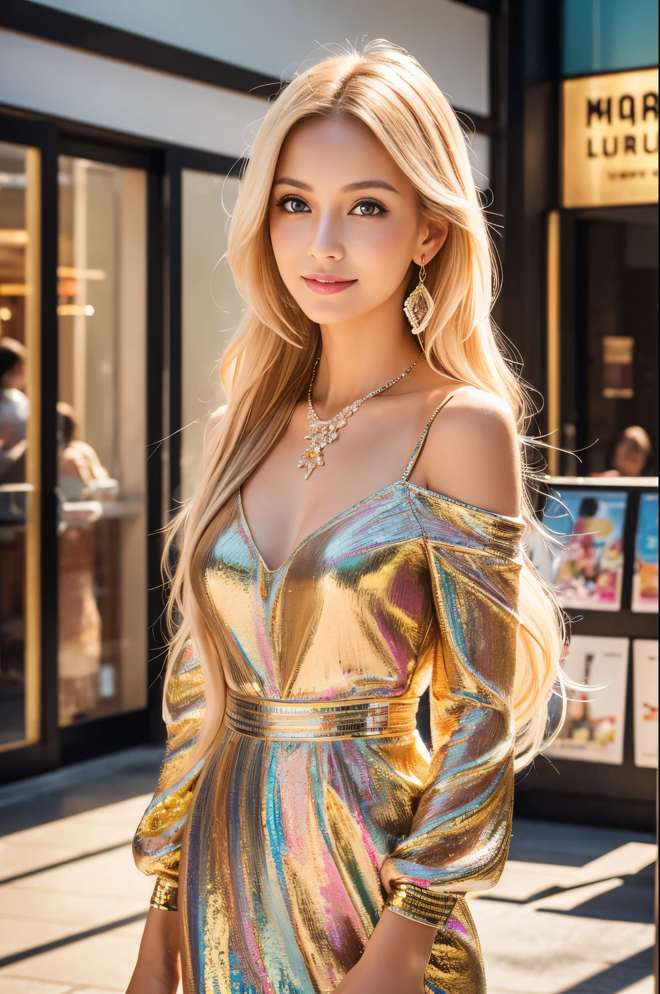 (best quality, 4k ,8k, highres, masterpiece:1.2), ultra-detailed, (realistic, photorealistic, photo-realistic:1.37), closeup, beautiful Swedish woman, beautiful smile, long lashes, beautiful makeup, platinum blonde hair, fair skin, slender figure, elegant posture, wearing large sparkling colorful jewelery, wearing a business style black leather dress, standing in a large shopping mall, gentle sunlight shining through the shopping mall windows, casting a soft glow on her face, adding warmth to the scene, vibrant colors, capturing the essence of vibrant city life, portrait style, showcasing her natural beauty and grace in a feminine way.