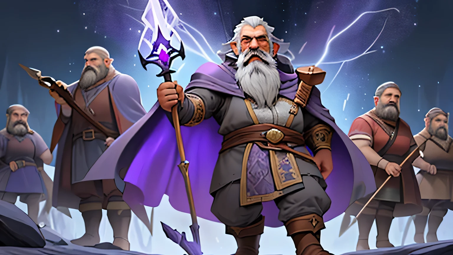 A dwarf with a large gray beard, a purple cape, with a magical wooden staff emitting bursts of light.
